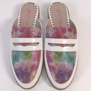 NEW Betsy Johnson Rainbow Rhinestone white loafer mule